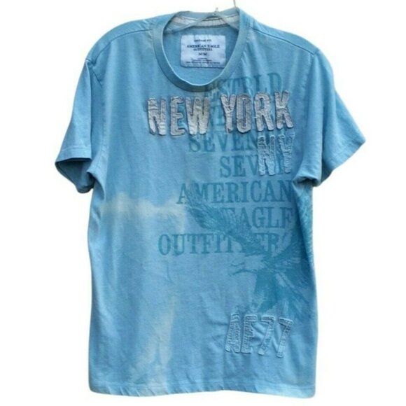 Vtg Mens Distressed Faded New York Patch T-Shirt Vintage Fit Powder Blue M - Picture 1 of 9